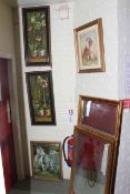 Three gilt framed pub mirrors and four framed prints.