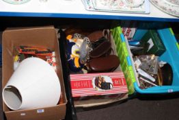 Three boxes including cased binoculars, costume jewellery, coinage, ceramics, glass, etc.