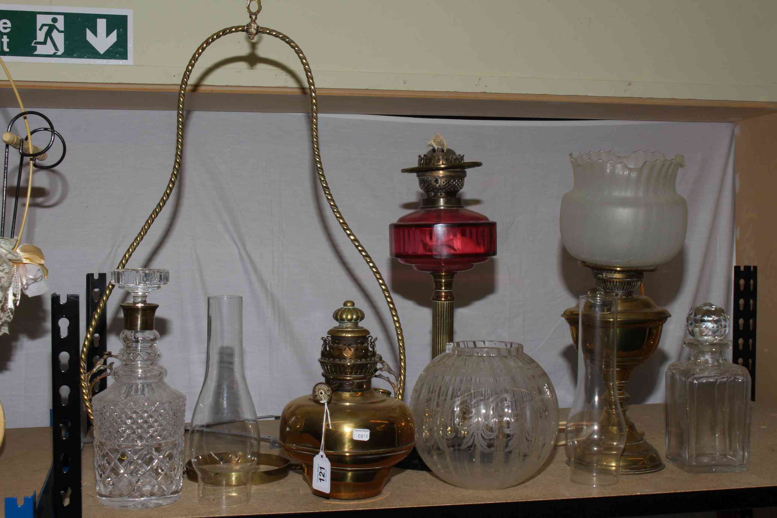 Victorian brass column oil lamp with ruby reservoir and etched shade, hanging brass oil lamp,