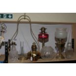 Victorian brass column oil lamp with ruby reservoir and etched shade, hanging brass oil lamp,