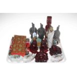 Tray lot with Oriental decorative figures, lion, Buddha, china boxes and banner.