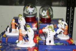 Coalport Characters The Snowman groups and snowglobes, six pieces with boxes.