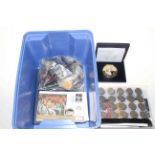 Collection of coins including Westminster 2007 Diamond Wedding 5oz gold plated coin with diamonds