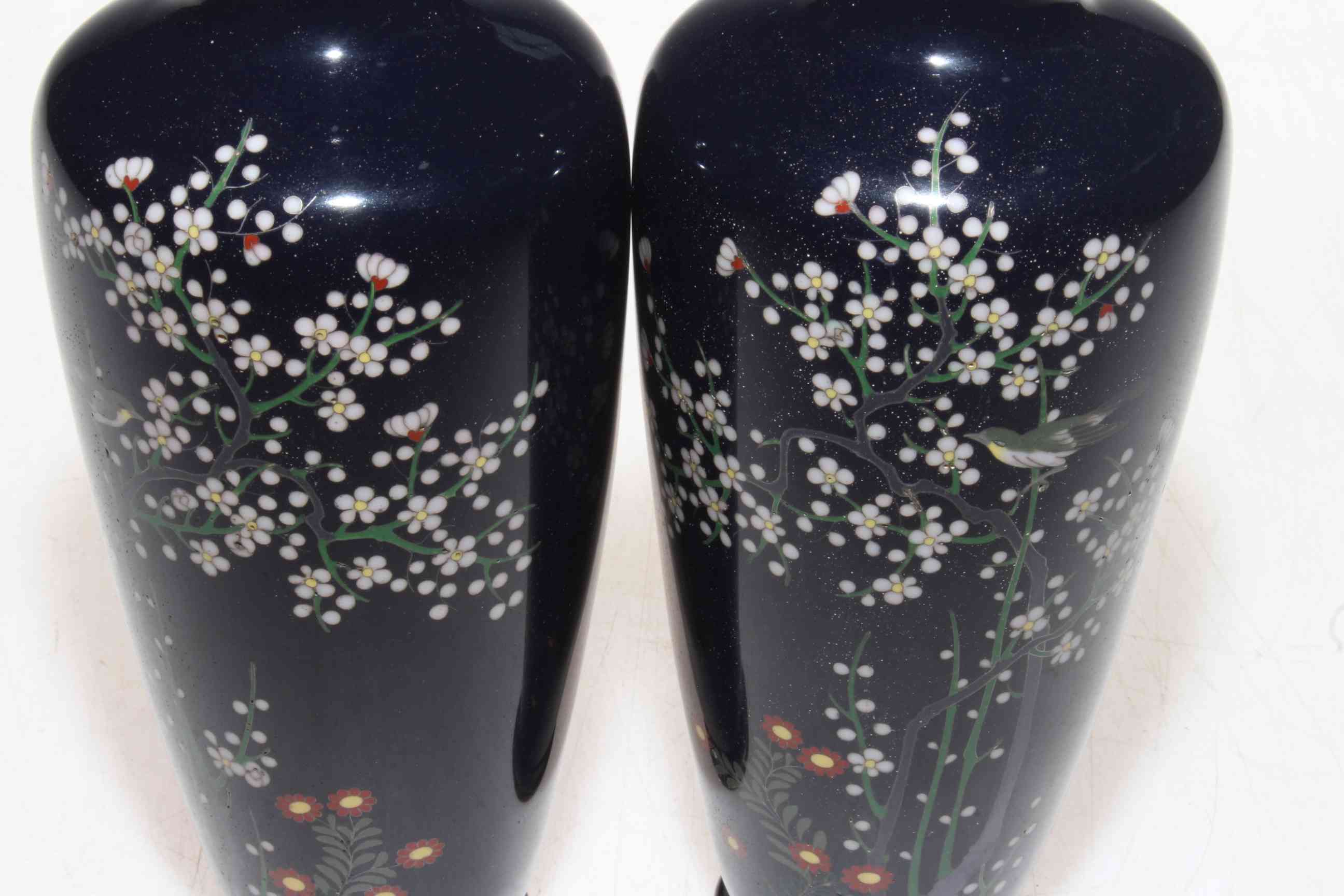 Pair good Japanese Meiji cloisonne vases, having birds and blossom decoration on dark blue ground, - Image 2 of 2