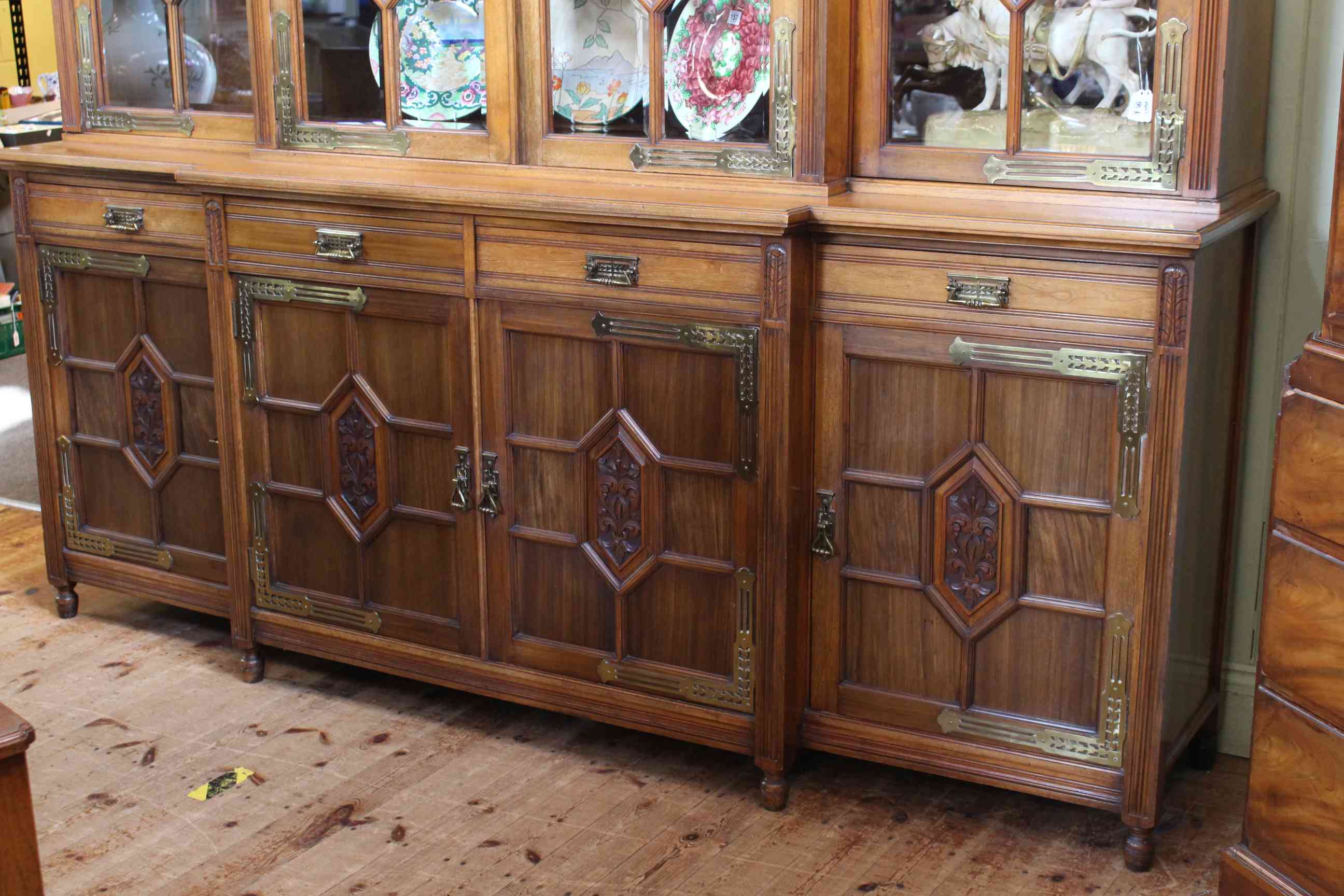 Impressive Victorian aesthetic breakfront library bookcase having swan neck pediment above four - Image 2 of 3