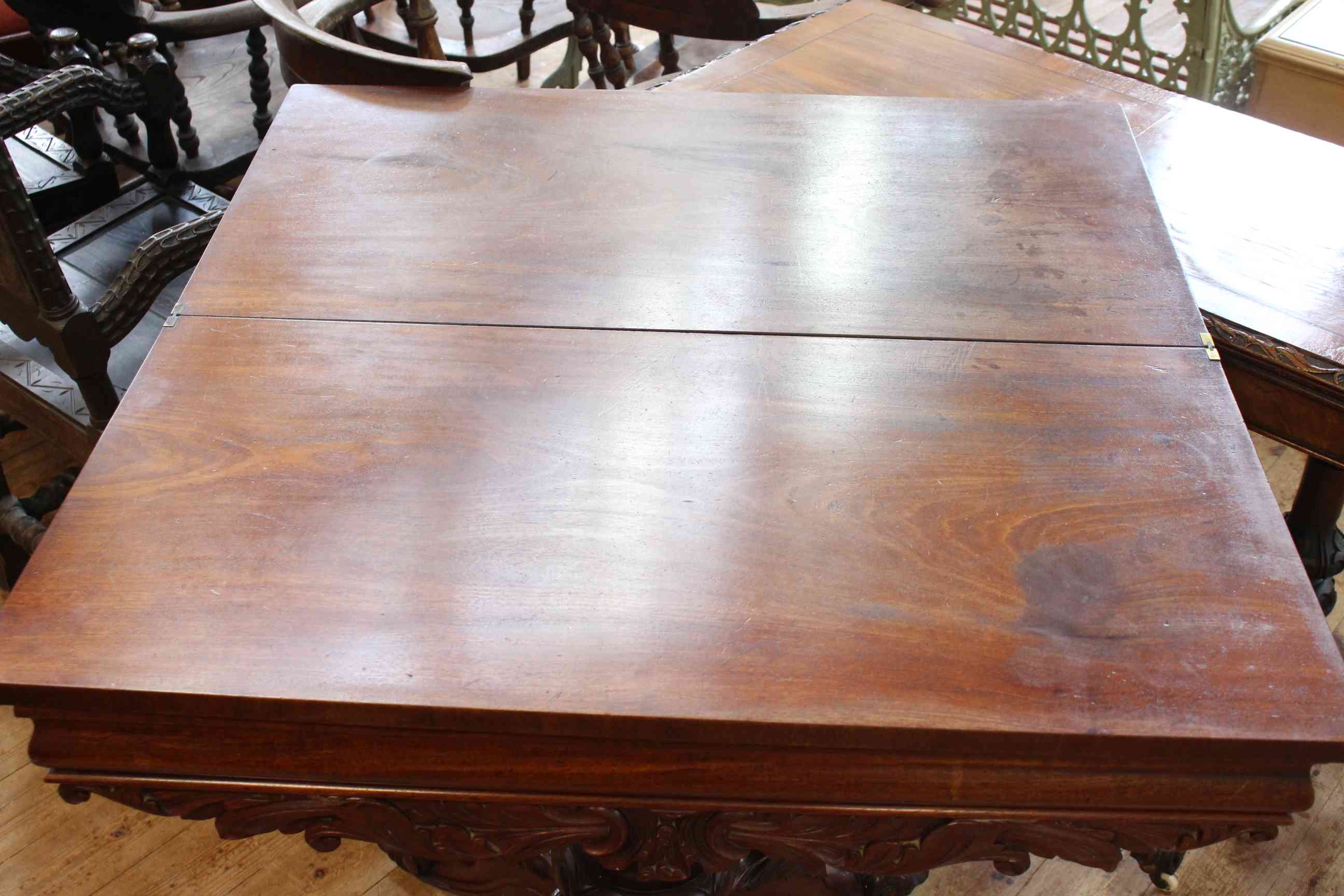 Victorian mahogany fold top tea table on turned pedestal to four scrolled legs, - Image 2 of 2
