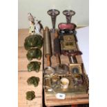 Two vintage chemists rollers, inkwells, opera glasses, frog and other ornaments, etc.