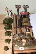 Two vintage chemists rollers, inkwells, opera glasses, frog and other ornaments, etc.