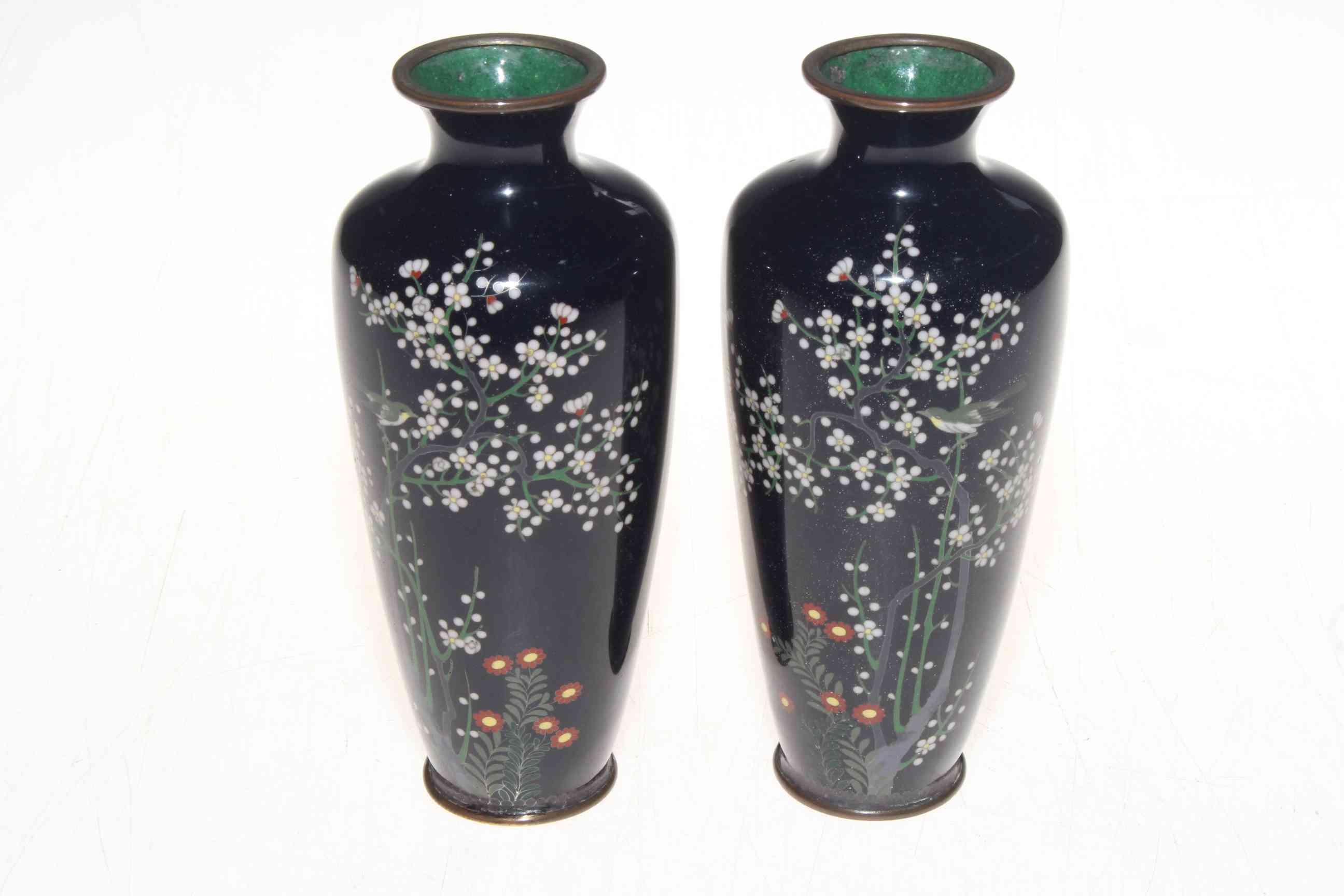 Pair good Japanese Meiji cloisonne vases, having birds and blossom decoration on dark blue ground,