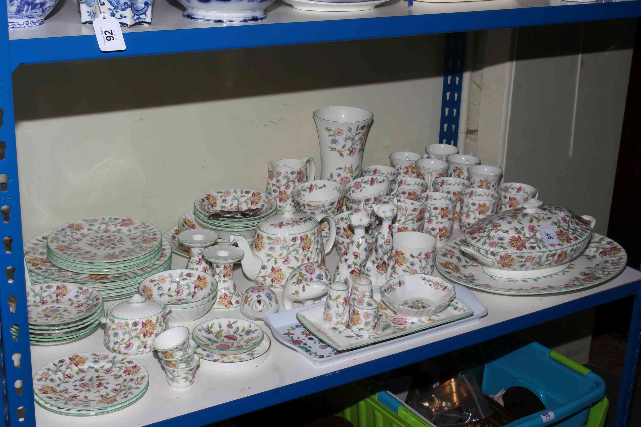 Minton Haddon Hall pattern ceramics including teapot, tureen, figurines, meat plate, picture frame,