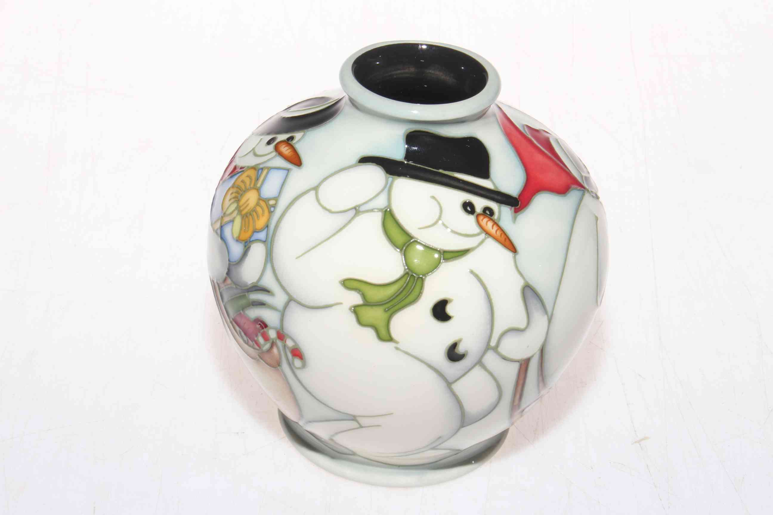 Moorcroft Collectors Club Christmas Snowman vase by Kerry Goodwin, 11cm, with box.