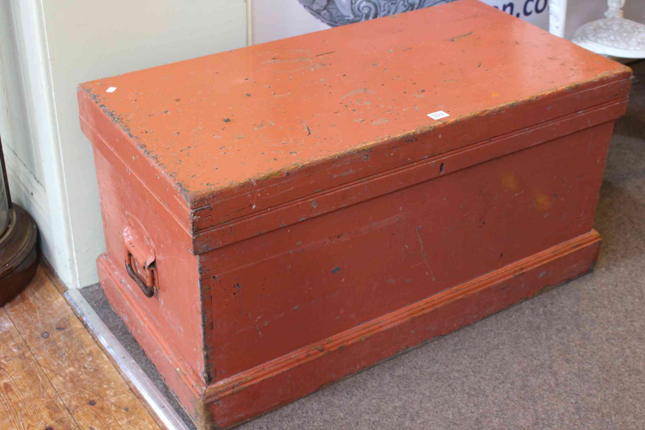 Painted pine tool box with internal fitted trays, 46cm high by 92cm wide by 46cm deep.