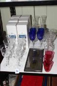 Six Caithness wine glasses with boxes and other glassware and framed silver oval plaques.