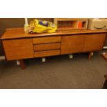 White & Newton Ltd teak cocktail sideboard, 76cm high by 208cm wide by 46cm deep.