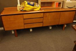 White & Newton Ltd teak cocktail sideboard, 76cm high by 208cm wide by 46cm deep.