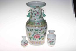 Large Chinese polychrome vase, 34cm, and two small vases (3).