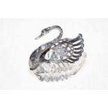 Silver and crystal swan dressing table box with opening wings, 11cm long.
