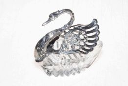 Silver and crystal swan dressing table box with opening wings, 11cm long.