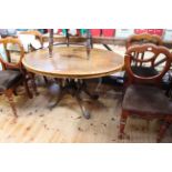 Victorian oval walnut and satinwood inlaid breakfast table and set of four Victorian mahogany