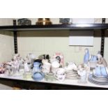 Three Nao and other similar figures, assorted teaware, three pieces of Wedgwood Jasperware, etc.