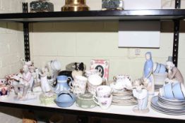 Three Nao and other similar figures, assorted teaware, three pieces of Wedgwood Jasperware, etc.