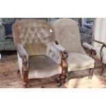 Victorian mahogany scroll armchair in buttoned fabric and Victorian mahogany button back armchair.