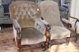 Victorian mahogany scroll armchair in buttoned fabric and Victorian mahogany button back armchair.