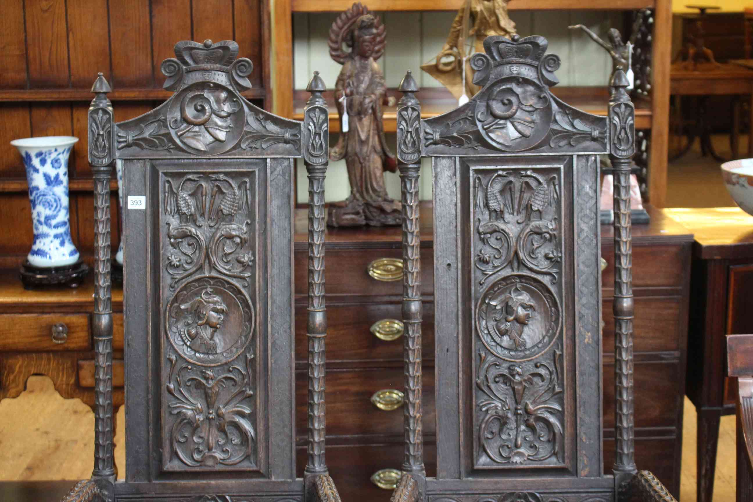 Pair high carved panel back open armchairs. - Image 2 of 3