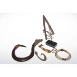 Collection of South Pacific fish hooks and bracelet, being Society Island shark hook and lure,