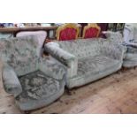 Early 20th Century three piece Chesterfield suite and later wing armchair in matching fabric (4).