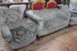 Early 20th Century three piece Chesterfield suite and later wing armchair in matching fabric (4).