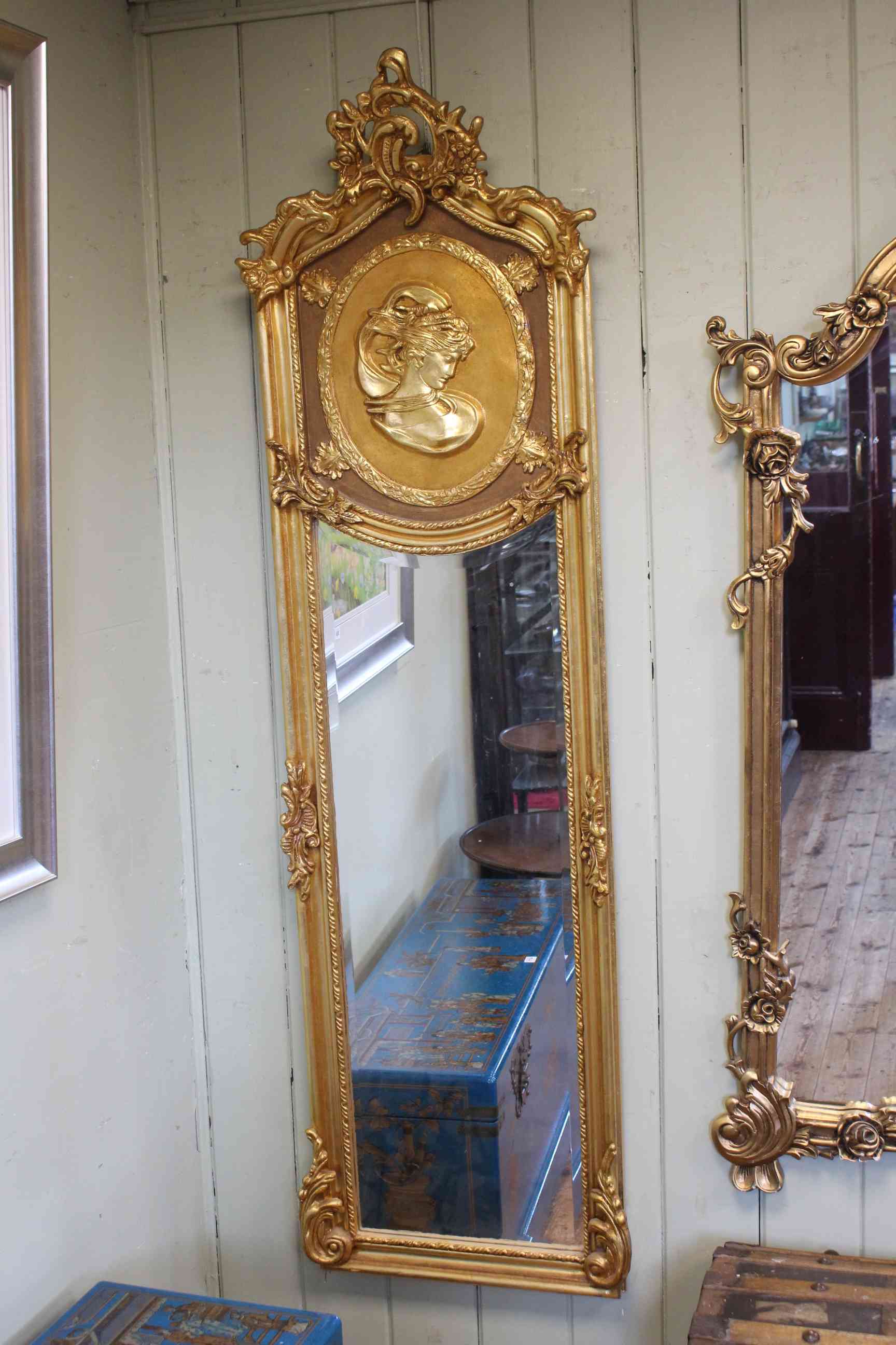 Pair rectangular gilt framed bevelled wall mirrors with relief portrait panels, - Image 3 of 3
