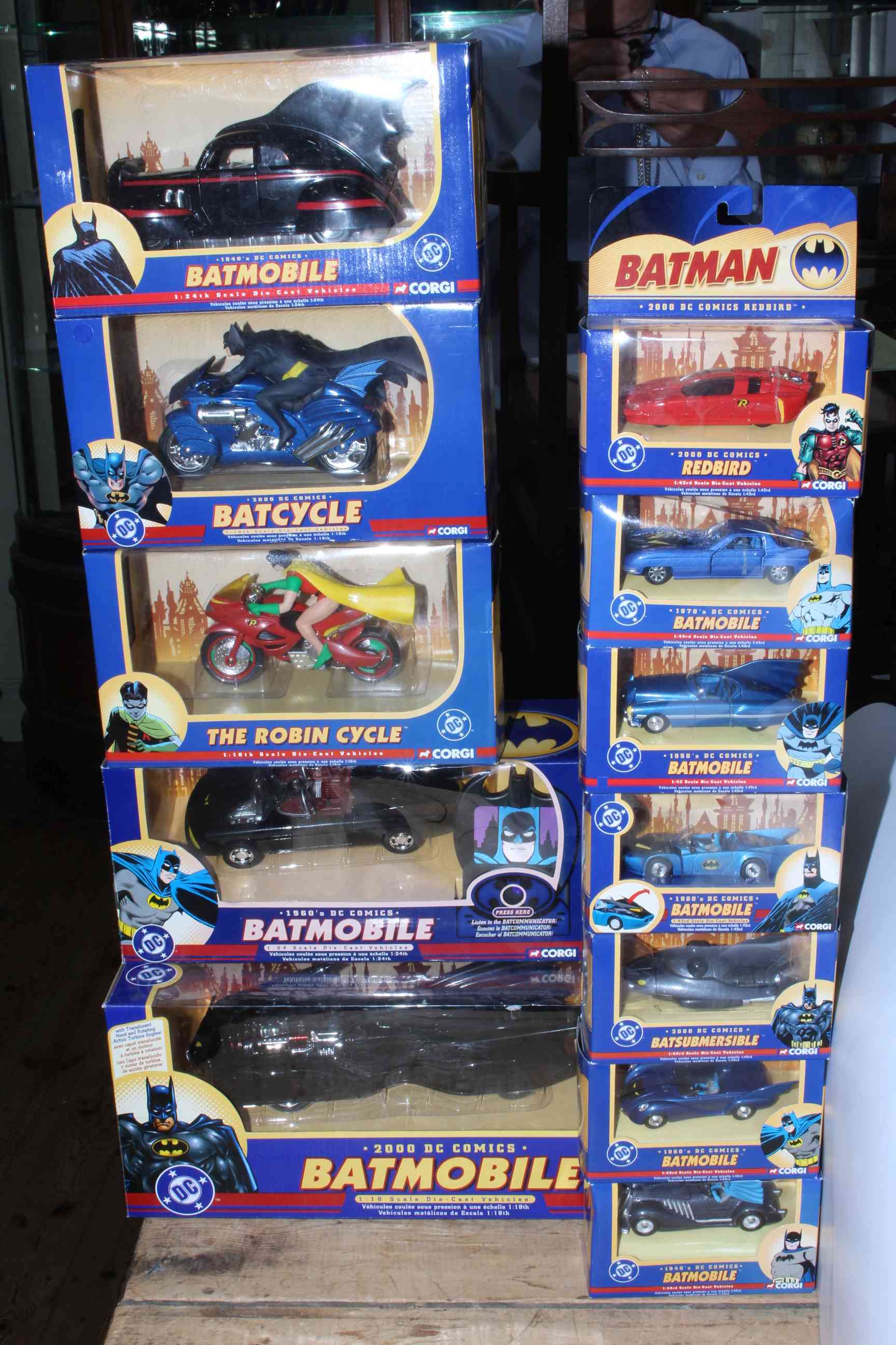Collection of Corgi Batman model vehicles including large Batmobile, Robin cycle, Batcycle,