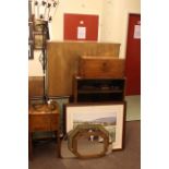 Oak sewing table, wrought metal lamp, firescreen, open bookcase, Victorian box, barometer,