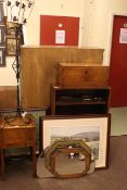 Oak sewing table, wrought metal lamp, firescreen, open bookcase, Victorian box, barometer,