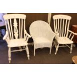 Two painted farmhouse armchairs and painted wicker chair (3).