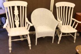 Two painted farmhouse armchairs and painted wicker chair (3).