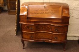 Inlaid inverted shaped front two drawer bureau, 89cm high by 87cm wide by 35cm deep.