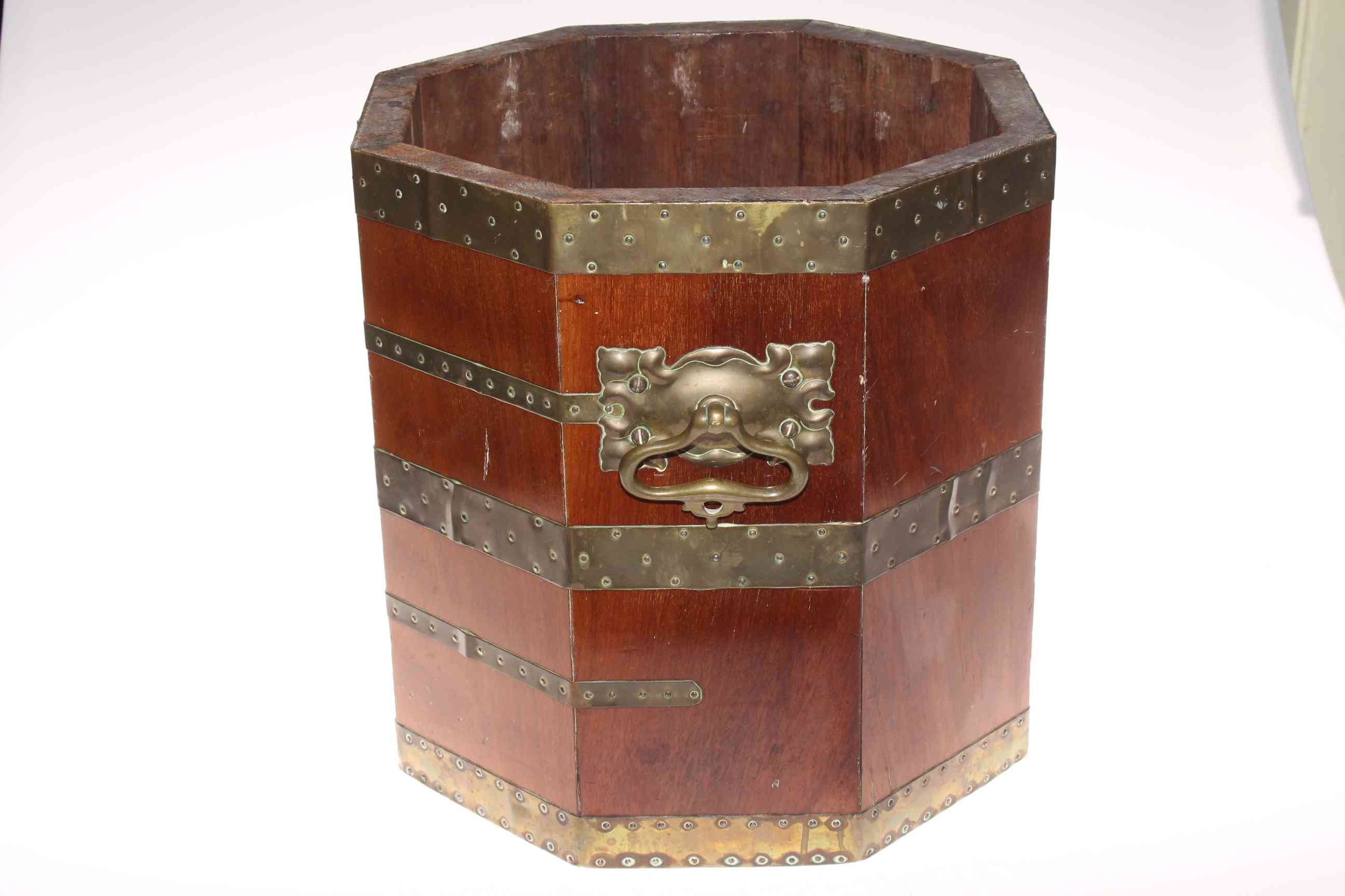 Octagonal mahogany and brass bound two handled coal bucket, 34cm high. - Image 2 of 2