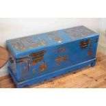 Blue lacquered and chinoiserie painted trunk,