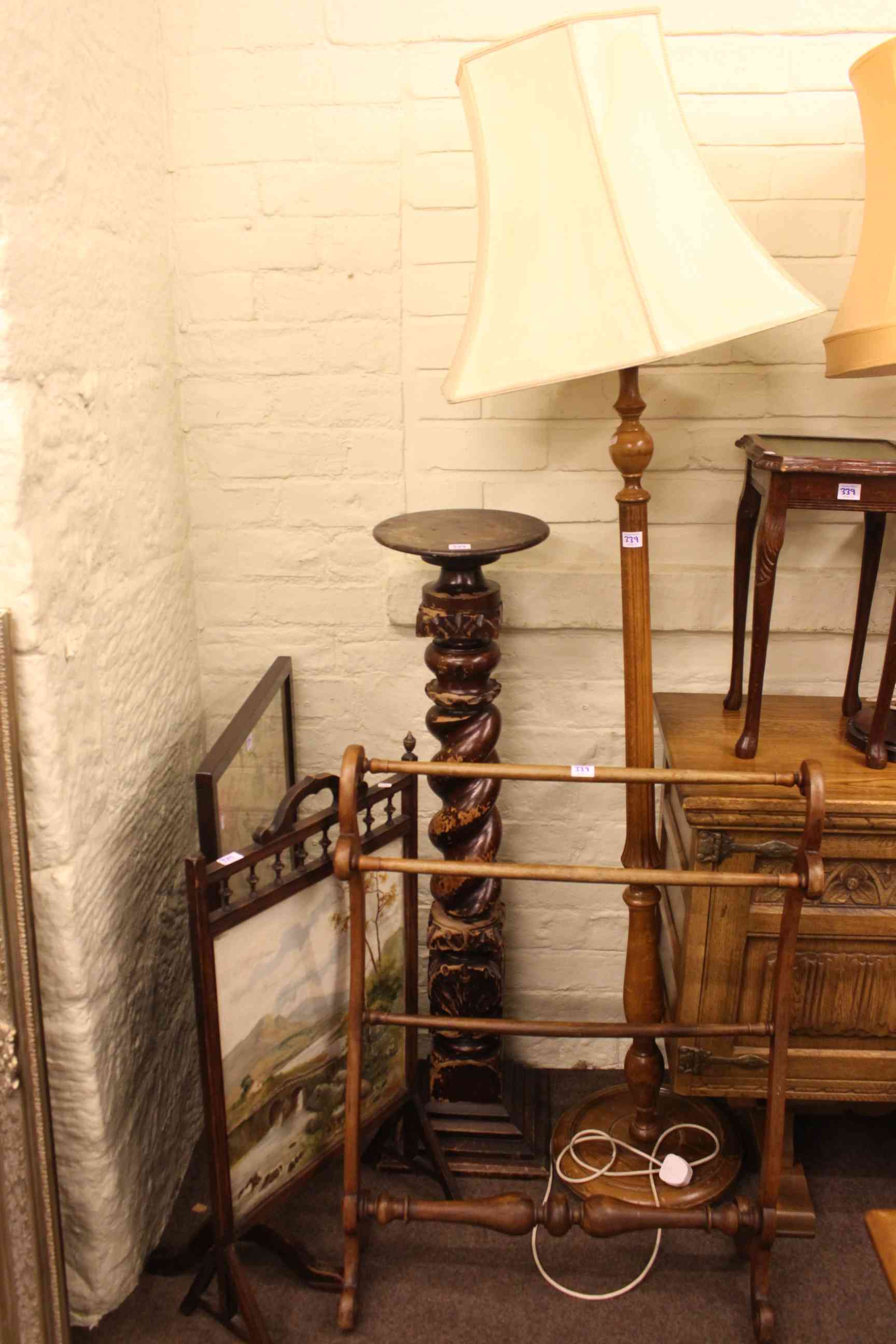 Victorian mahogany turned leg bidet, Victorian towel stand, two firescreens, plant stand,