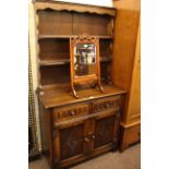 Oak shelf back dresser, mahogany toilet mirror, drop leaf trolley and brass topped table (4).