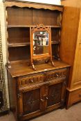 Oak shelf back dresser, mahogany toilet mirror, drop leaf trolley and brass topped table (4).