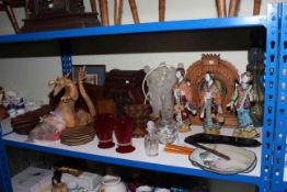 Collection of Oriental including Geisha girls, carved dragon, casket, clock case, glasswares, etc.