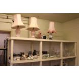 Two pairs of table lamps and shades, full shelf of glassware including 19th Century decanter,