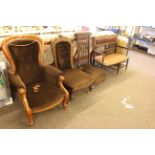 Inlaid parlour settee and three various Victorian chairs in similar fabric.