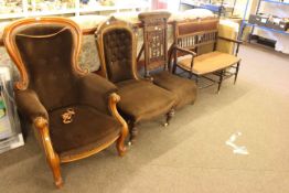 Inlaid parlour settee and three various Victorian chairs in similar fabric.