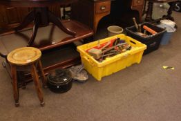 Two boxes of tools, stool, foot-scraper, vintage enamel wares, etc.