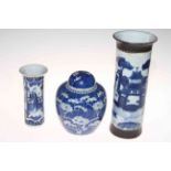 Chinese blue and white prunus ginger jar and two cylindrical vases (3).