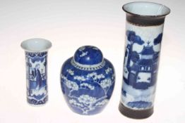 Chinese blue and white prunus ginger jar and two cylindrical vases (3).